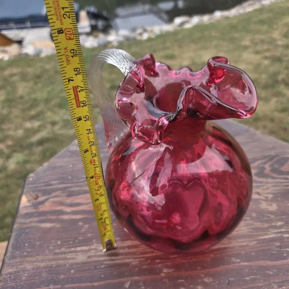 VTG Cranberry Glass Pitcher Ruffled Rim Clear Reeded Handle Optic 6.5 Inch